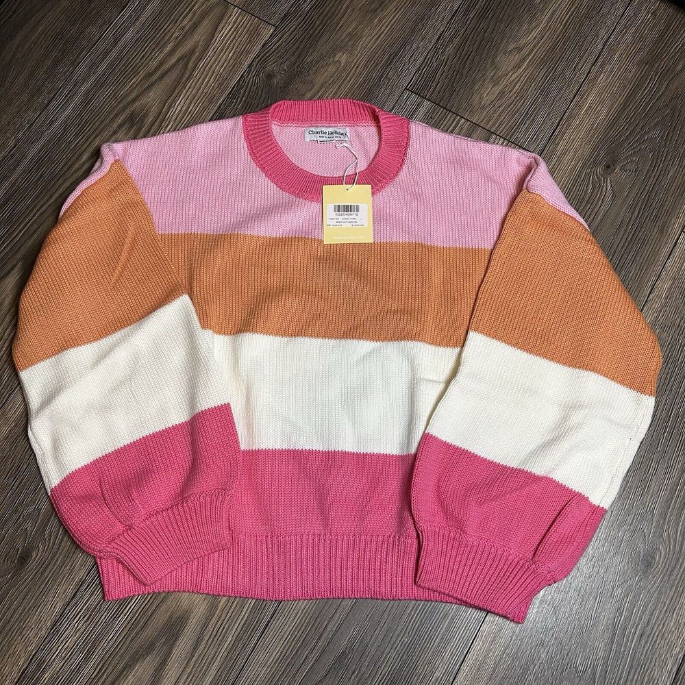 Anthropologie‎ NWT Charlie Holiday Large Penny Knit Sweater sunset pink stripe